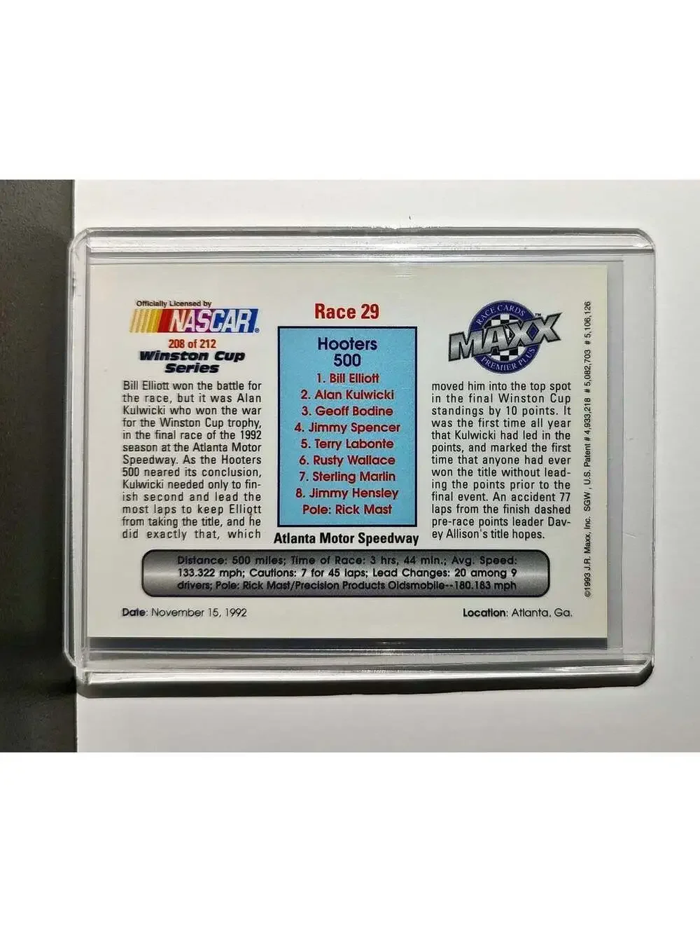 Race 29 Atlanta YR 1993 Maxx Premier Plus Racing #208 NASCAR Card Junior Johnson